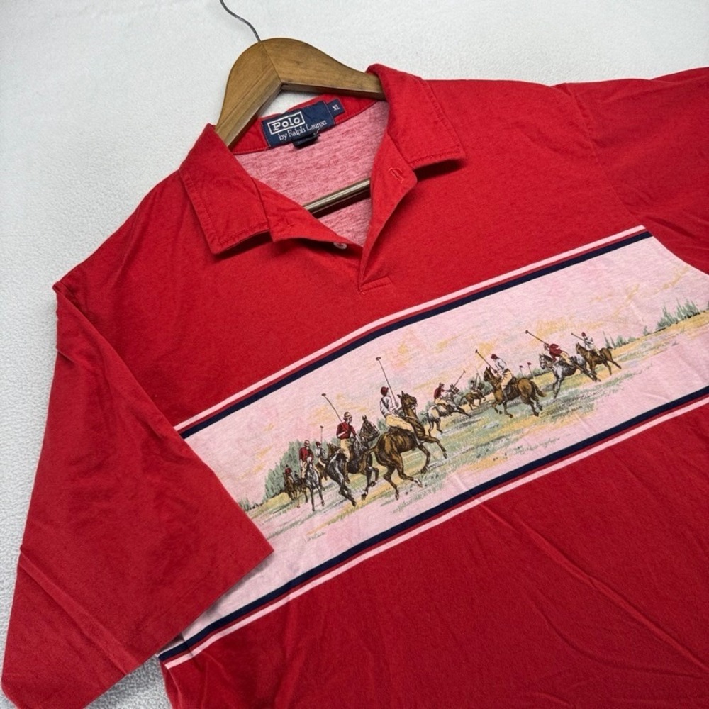 Vintage Ralph Lauren Polo Shirt Mens XL Red 10 Horseman Graphic USA made 90s
